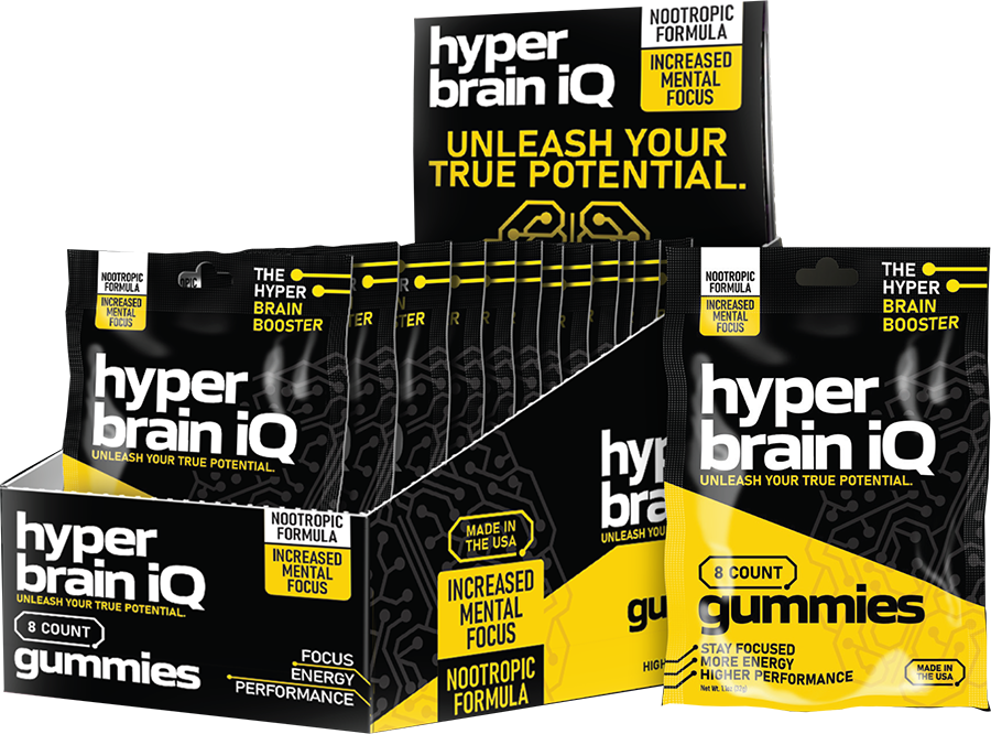 Hyper Brain iQ marketing image with additional information and background
